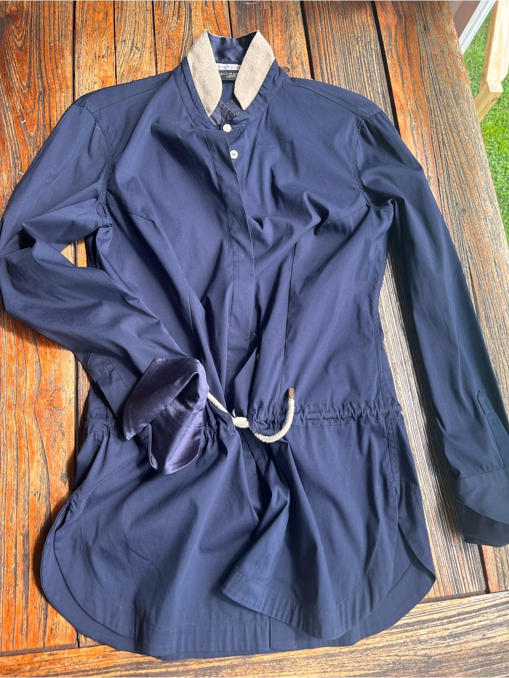 Brunello Cucinelli Navy Drawstring Shirt with Cream Collar